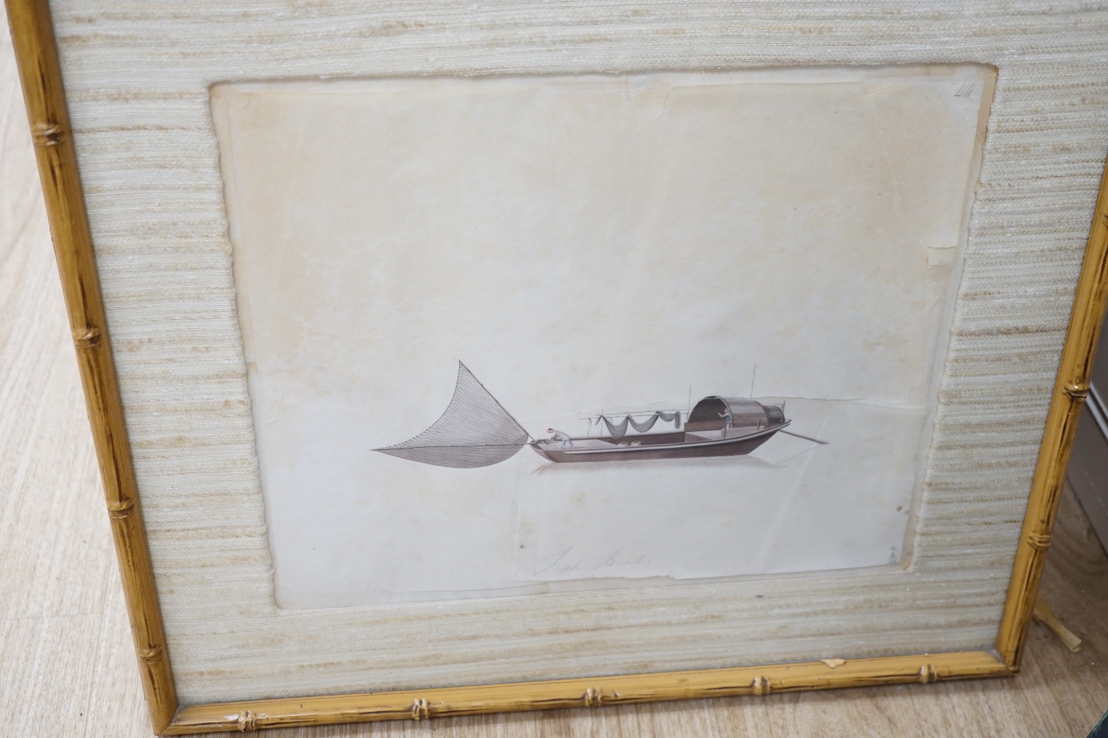 19th century Chinese School, nine gouaches on pith paper, Studies of water-going vessels, inscribed in Chinese and titled in English, giving the names and uses of the various vessels, 29 x 34cm